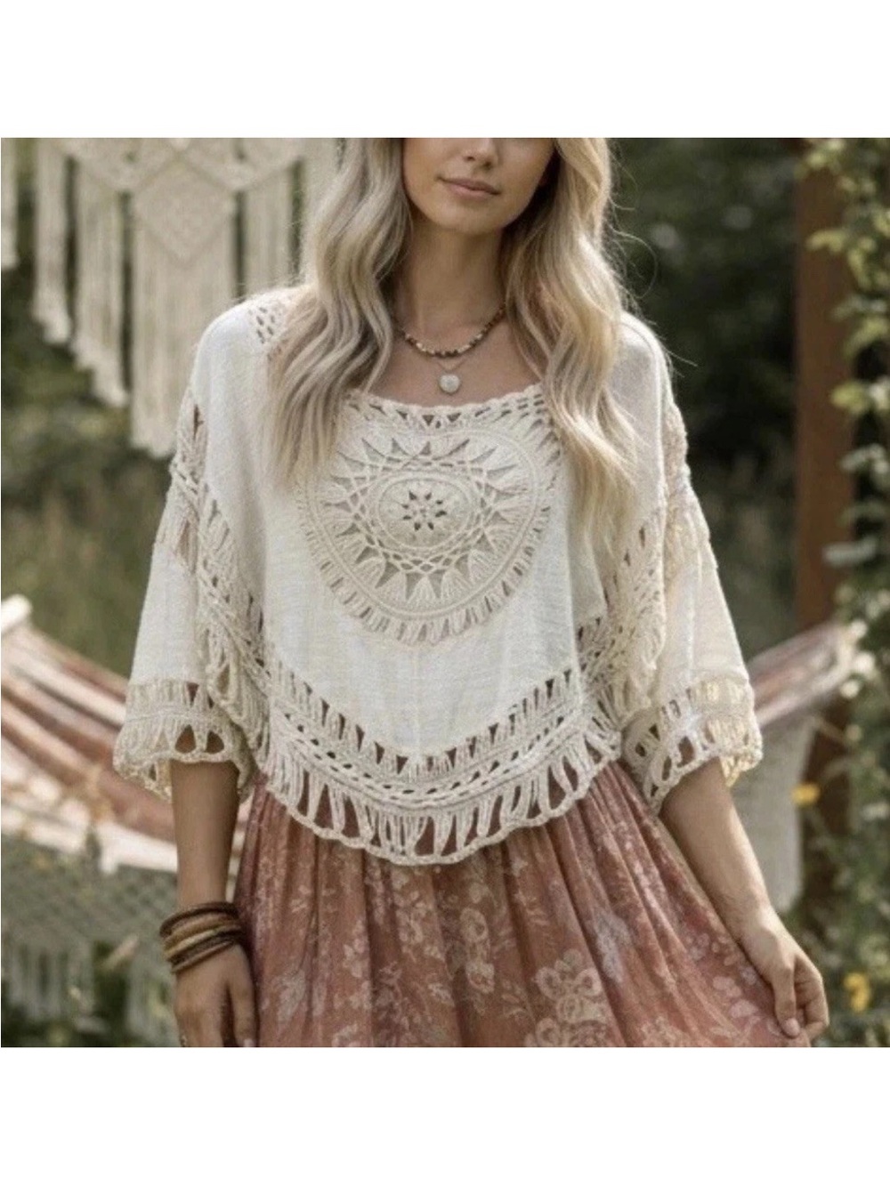 Cupshe Crochet Coverup Top M Ivory Round Trim Boho Beach Festival Resort Summer